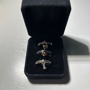 C^A marked .925 Sterling Silver Set Of 3 Rings charm Heart Lock And Key Size 7